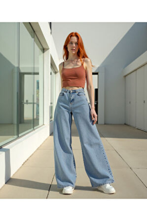 Kadın %100 Pamuk Wide Leg Baggy Jeans