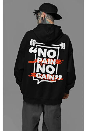 No Pain No Gain Yazılı Unisex Oversize Gym Fitness Hoodie