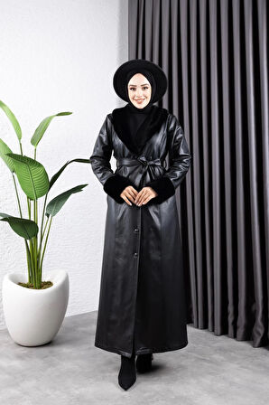 Kadın Yakası Görünümlü Astarlı Deri Uzun Trençkot