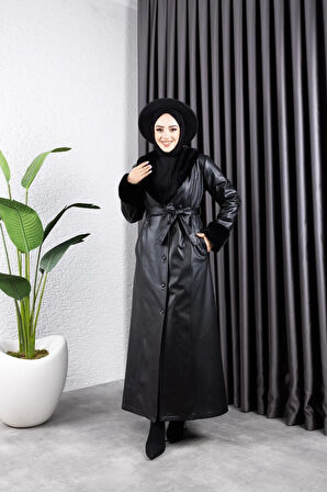 Kadın Yakası Görünümlü Astarlı Deri Uzun Trençkot