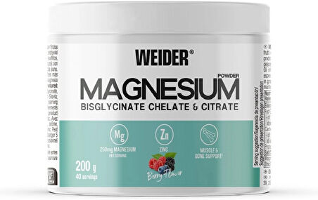 Weider Magnesium(Magnezyum) Powder 200g Magnesium Bisglycinate and Citrate in Powder with Zinc, Muscle and Bone Support, Helps Reduce Fatigue, No Added Sugar, Vegan