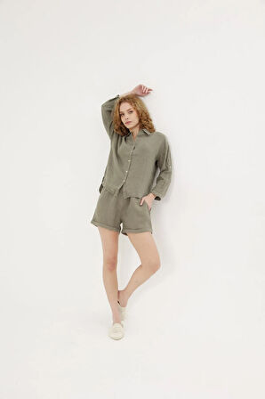 Kadın Haki Keten Takım