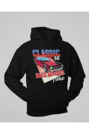 Yarış Zamanı Yazılı Unisex Oversize Klasik Araba Baskılı Hoodie