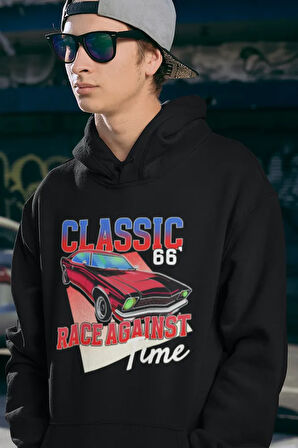 Yarış Zamanı Yazılı Unisex Oversize Klasik Araba Baskılı Hoodie