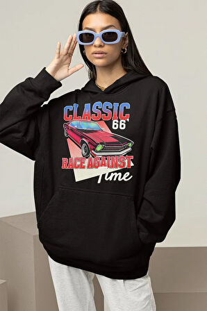 Yarış Zamanı Yazılı Unisex Oversize Klasik Araba Baskılı Hoodie