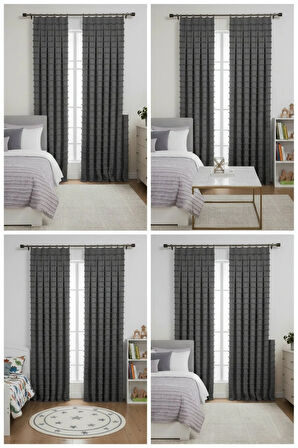 Wave Koleksiyon Koyu Gri 2'li Fon Perde En Sık Pile 1x3 – Özel Dokulu, Hazır Fon Perde