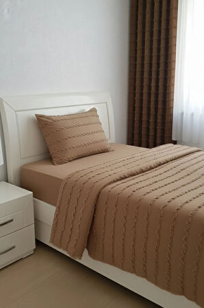 Wave Koleksiyon Sütlü Kahve Tek Kişilik Yatak Örtüsü Seti 160x230 cm + 2 Yastık Kılıfı
