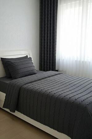 Wave Koleksiyon Koyu Gri Tek Kişilik Yatak Örtüsü Seti 160x230 cm + 2 Yastık Kılıfı