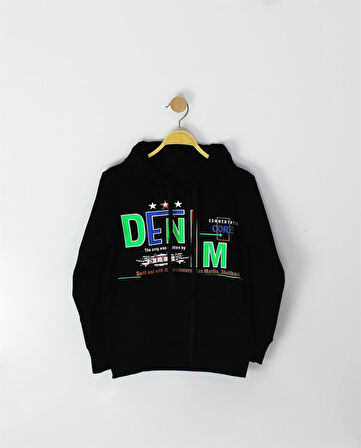 Denim Baskılı Uzun Kollu Sweat-Shırt - Siyah