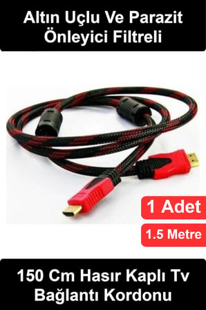 #HDMI 1.5 Metre HDMI Kablo Örgülü İpli Altın Uçlu Sinyal Filtreli Görüntü Ses Aktarımı Televizyon Monitör Bilgisayar Oyun Konsolu Medya Oynatıcı Uyumlu Kırmızı Siyah Esnek Dayanıklı Parazit Önleyici