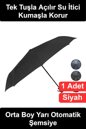 #Şemsiye Orta Boy Yarı Otomatik Katlanabilir Siyah Desenli Saplı Su İtici Kumaş Metal İskelet Rüzgara Dayanıklı Ergonomik Tutma Kolu Kadın Erkek Unisex Günlük Seyahat Çanta Kompakt Yağmur Aksesuarı