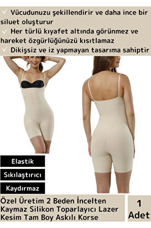 Premium İz Göstermeyen 2 Beden İncelten Kaymaz Silikon Lazer Kesim Tam Boy Askılı Korse Ten 2XL/3XL