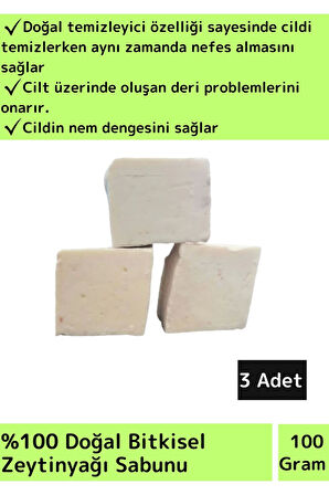 Doğal Cilt Nemlendirici Zeytinyağı Sabunu Özel Üretim Tüm Cilt Tipleri İçin Uygun 3 Adet 100gr