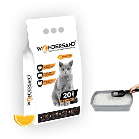 Wondersand 20 Lt Beyaz Bentonit İnce Tane Portakal Kokulu Süper Topaklanan Premium Kedi Kumu