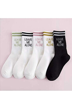 5 Çift Unisex Beyaz 'leave Me Alone' Yazılı Pamuklu Tenis Kolej Çorap