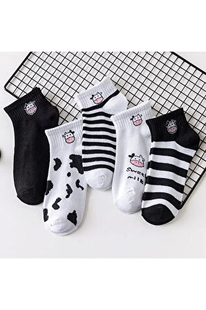 5'li Unisex Inek Desenli Pamuklu Bilek Çorap