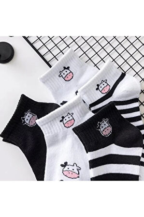 5'li Unisex Inek Desenli Pamuklu Bilek Çorap