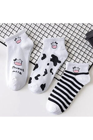 5'li Unisex Inek Desenli Pamuklu Bilek Çorap