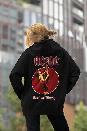 AC DC Back In Black Müzik Grubu Baskılı Unisex Oversize Tasarım Hoodie