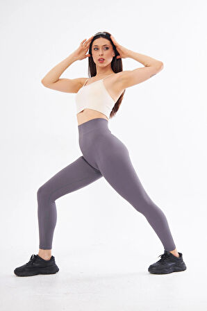 Eflatun Kalçası Büzgülü Premium Fitilli  Ekstra Push Up Yüksek Bel Esnek ve Toparlayıcı Spor Tayt