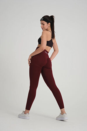 Bordo Kalçası Büzgülü Push Up Kalça Şekillendirici Fitness Yoga Yüksek Bel Spor Kadın Tayt