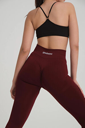 Bordo Kalçası Büzgülü Push Up Kalça Şekillendirici Fitness Yoga Yüksek Bel Spor Kadın Tayt
