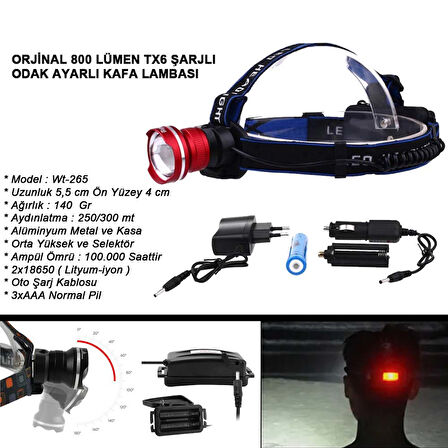 Orjinal 800 Lümen T6 Şarjlı Kafa Feneri Watton Wt-265