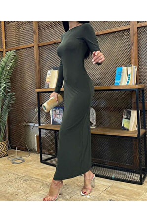 Kadın Vücuda Oturan Esnek Uzun Kollu Maxi Uzun Kylie Elbise Günlük Basic Uzun Elbise 6335