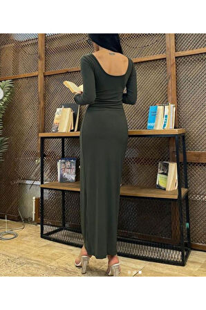 Kadın Vücuda Oturan Esnek Uzun Kollu Maxi Uzun Kylie Elbise Günlük Basic Uzun Elbise 6335
