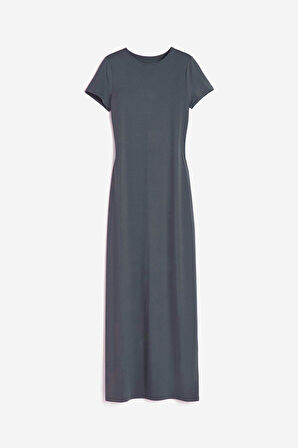 Kadın Gri Vücuda Oturan Esnek Kısa Kollu Maxi Kylie Elbise Günlük Basic Uzun Elbise Iç Göstermez