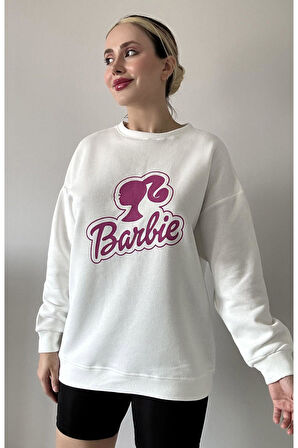 Kadın Beyaz Barbie Baskılı Kalın 3 İplik Şardonlu Polarlı Oversize Sweatshirt Tunik %100 Pamuk