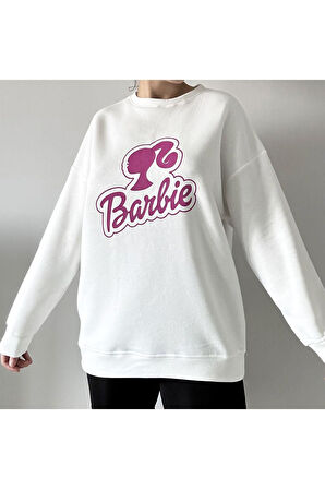 Kadın Beyaz Barbie Baskılı Kalın 3 İplik Şardonlu Polarlı Oversize Sweatshirt Tunik %100 Pamuk