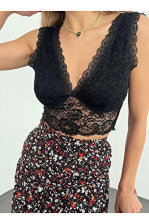 Kadın Siyah V Yaka Kalın Askılı Dantel Büstiyer Astarlı Güpür Bralet Crop