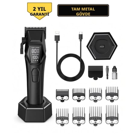 Wablow Saç Kesme Makinesi Şarjlı Tıraş Makinesi, Erkek Bakım Seti - 8000 Rpm Kablosuz Şarj Tabanı Berber Kuaför Tipi, 8 Kılavuz Taraklı, LED Ekran, Type-C (garanti)
