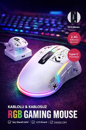 24000 DPI RGB Gaming Mouse | Kablosuz + Bluetooth + Kablolu | LCD Ekranlı | Şarj Standlı Profesyonel Oyuncu Mouse