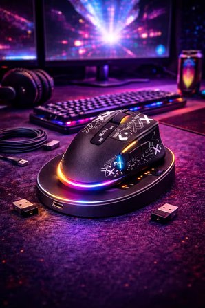 24000 DPI RGB Gaming Mouse | Kablosuz + Bluetooth + Kablolu | LCD Ekranlı | Şarj Standlı Profesyonel Oyuncu Mouse
