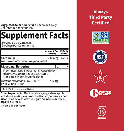Garden of Life Liposomal Berberine and Chromium Picolinate for Already Healthy Blood Sugar, Glucose Metabolism and Cholesterol—Probiotics for Easy Digestion—Non GMO, Gluten Free, Kosher