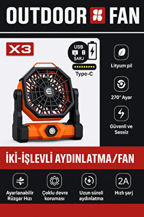 Taşınabilir LED Fenerli Kamp Vantilatörü, Şarj Edilebilir Çadır Vantilatörü X3
