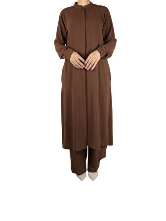 KADIN HAKİM YAKA TUNİK ÖNÜ GİZLİ DÜĞMELİ YANLARDAN GİZLİ CEPLİ PANTOLON BELİ LASTİKLİ PANTOLONLU TAKIM