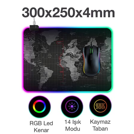 ALLY Dünya Desenli RGB Led Işıklı Oyuncu Mouse Pad 300*250*4MM-1852