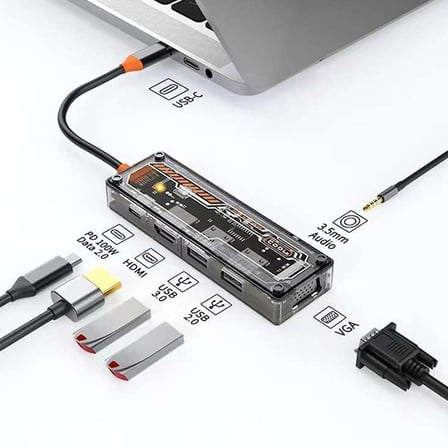 ALLY 6in1 Type-c To USB3.0 + USB2.0 + Type-c PD 100W + HDMI + VGA + 3.5mm  Çoğaltıc Transparanı Hub-1852
