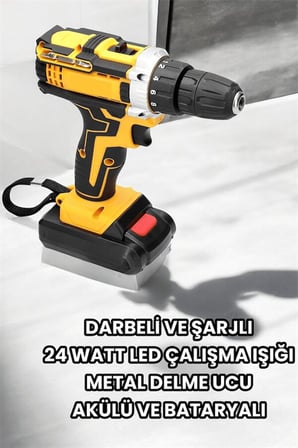 Metal Dişli 24W Akülü Matkap -Çift Bataryalı ve LED Çalışma Işığı ile Tam Set