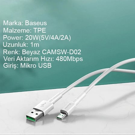 Baseus Mini White Micro USB 4A OPPO VIVO Dash Usb Şarj Kablosu 1Metre-1852