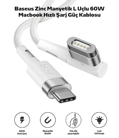 Baseus Zinc Manyetik L Uçlu 60W Macbook Hızlı Şarj Güç Kablosu 2m-1852