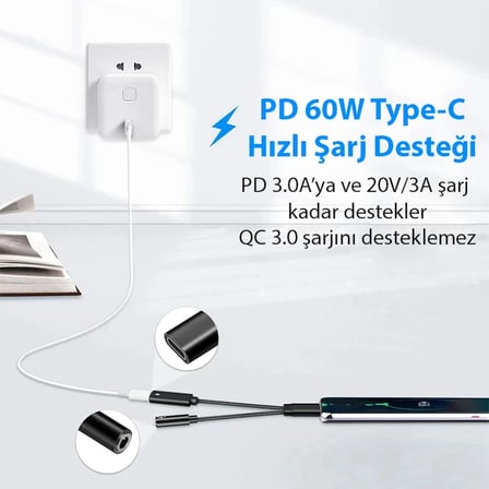Ally İphone 15 İçin Type-c Şarj + 3.5mm kulaklık 2İn1 Çevirici Adaptör-1852