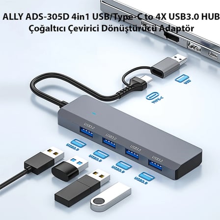 ALLY ADS-305D 4in1 USB/Type-C to 4X USB3.0 HUB Çoğaltıcı Çevirici Dönüştürücü Adaptör-1852