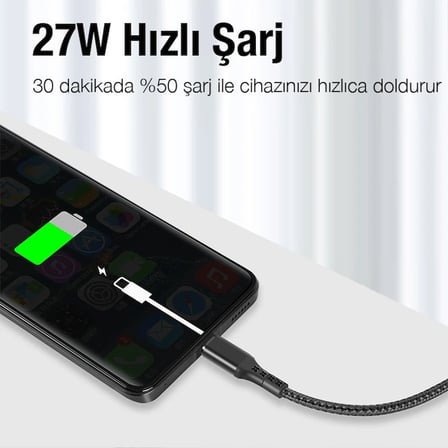 ALLY 1mt 27W Type-C To iPhone Lightning Süper Hızlı Data ve Şarj Kablosu Akım ve Isı Korumalı Halat-1852