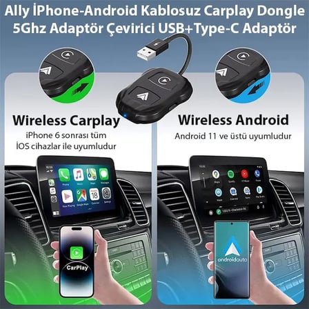 Ally iPhone-Android Kablosuz Carplay 5ghz Adaptör Çevirici -Youtube Netflix Tiktok Video Yansıtıcı-1852