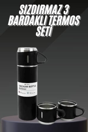 Termos Seti Paslanmaz Çelik 3 Bardaklı Vakumlu Termos Set 500 Ml 12 Saate Kadar Isı Koruma