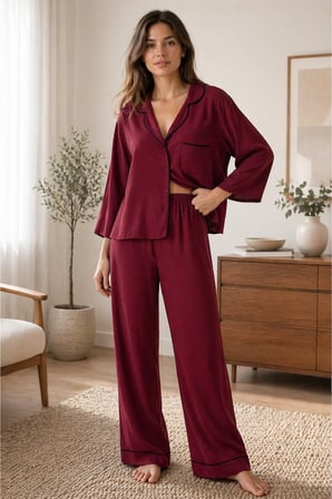 Kadın bordo Şık Pijama Takımı – Rahat Kesim, Kontrast Biyeli Ev Giyim Seti